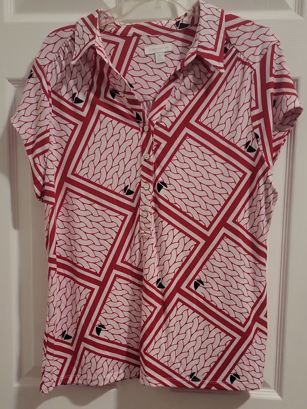 Charter Club Red and White Short Sleeve Geometric Print Polo Tee